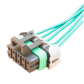 Multi-pin electrical connector with teal wiring harness and gray housing