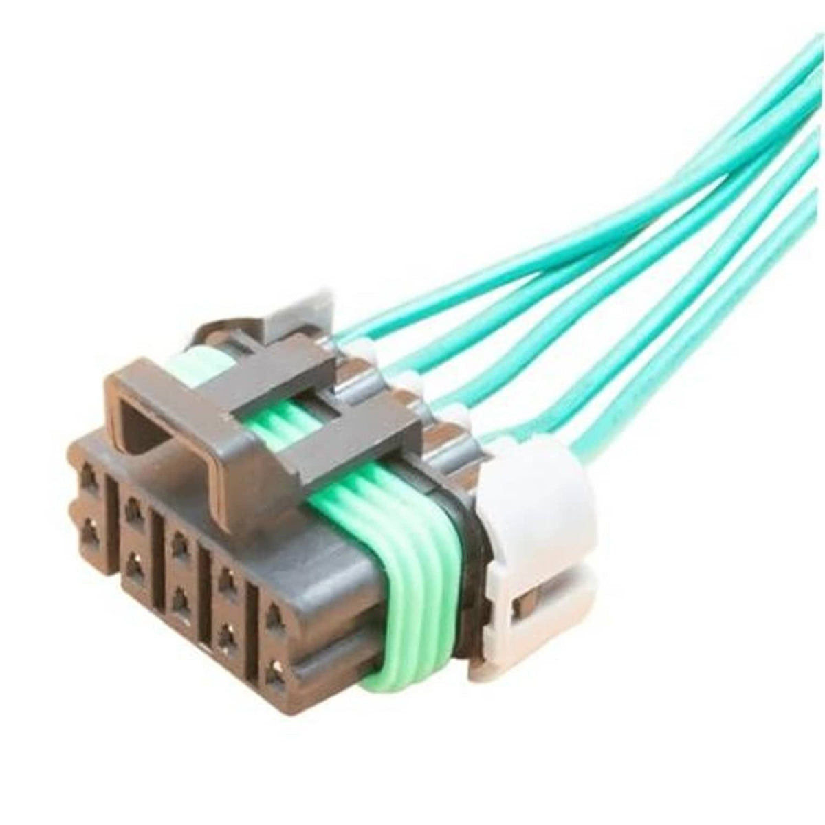 Multi-pin electrical connector with teal wiring harness and gray housing