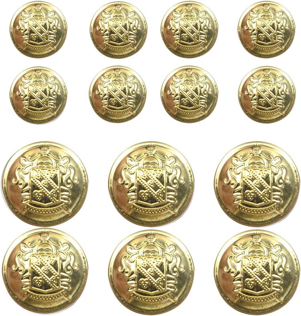 Gold metal blazer buttons, round with engraved crest design, multiple buttons on white background