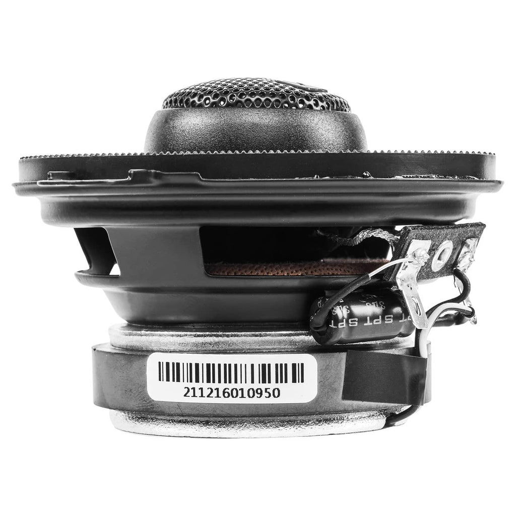 Black 3.5-inch coaxial car speaker side view with rear mounting hardware and terminals