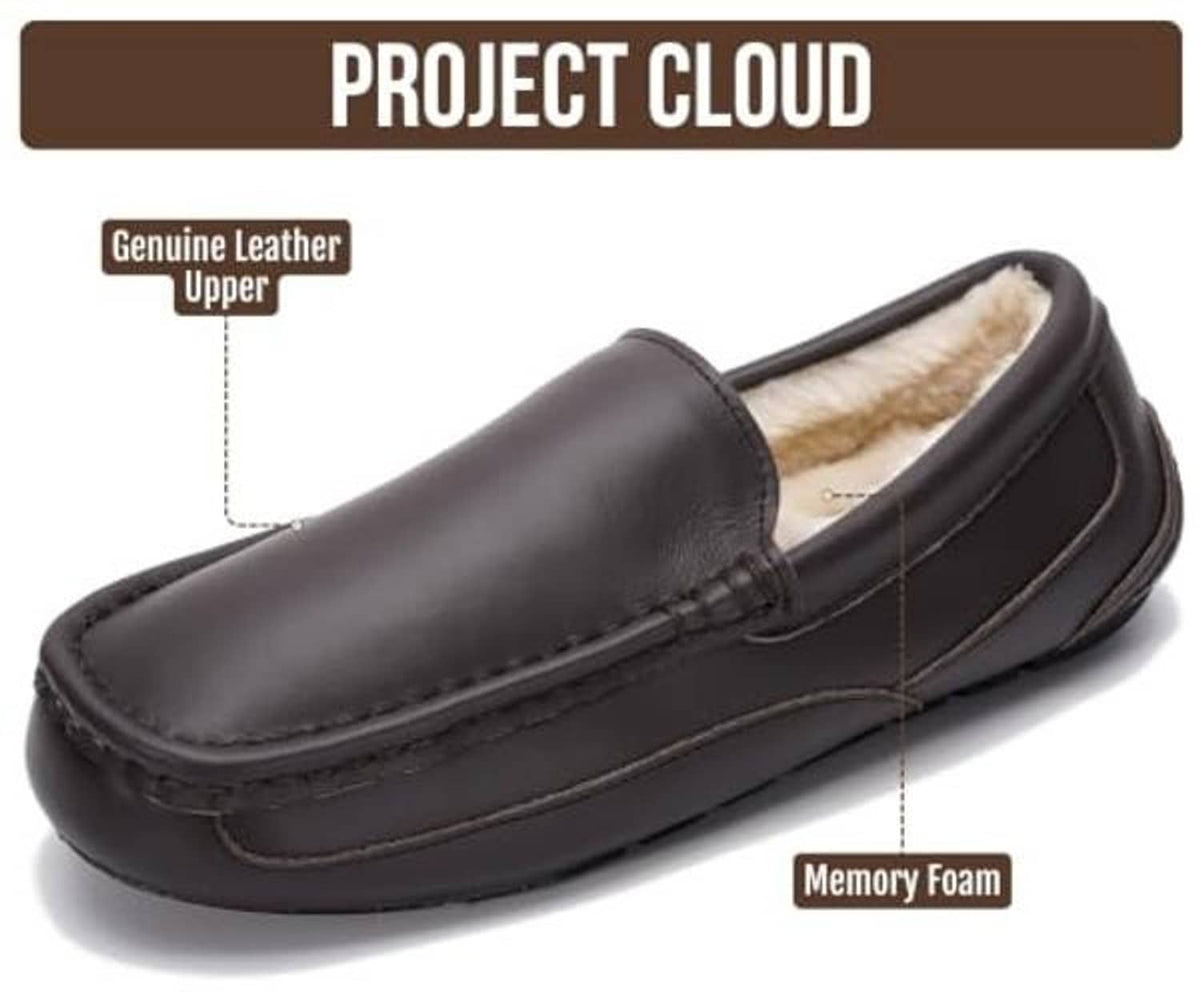 Men's dark brown leather slip-on house shoe with plush fur lining detail