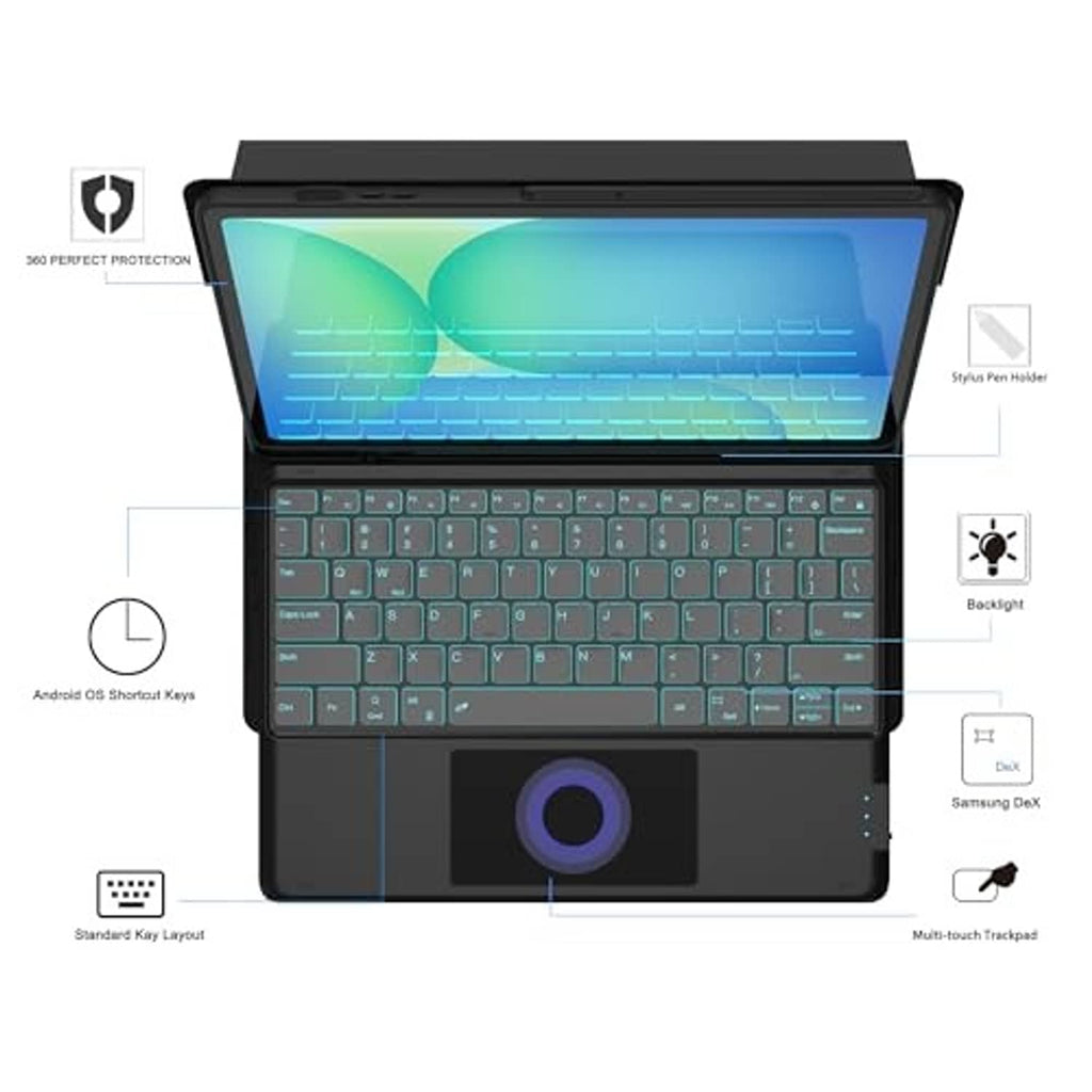Black keyboard folio case with blue backlit keys and large touchpad