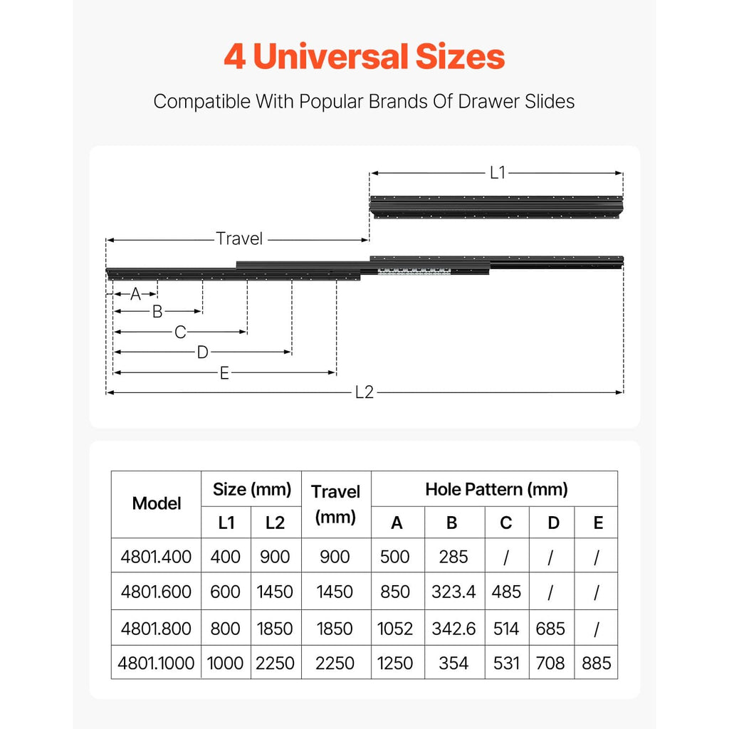 Drawer slide sizing chart with travel and hole pattern diagram for installation
