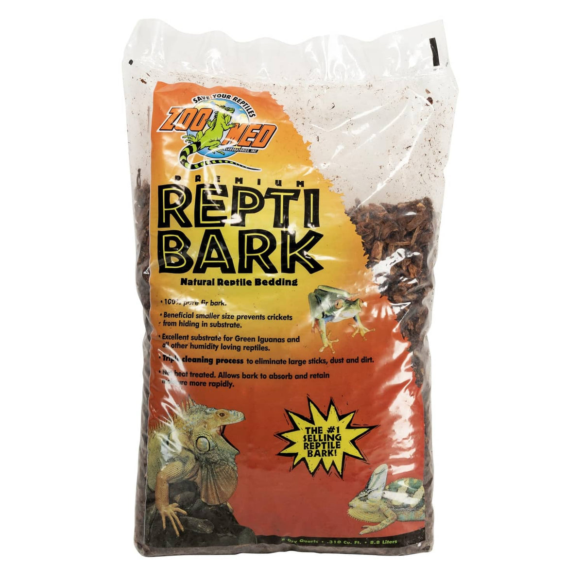 Zoo Med Reptile Bark Fir bedding bag, natural dark brown bark substrate in plastic pouch