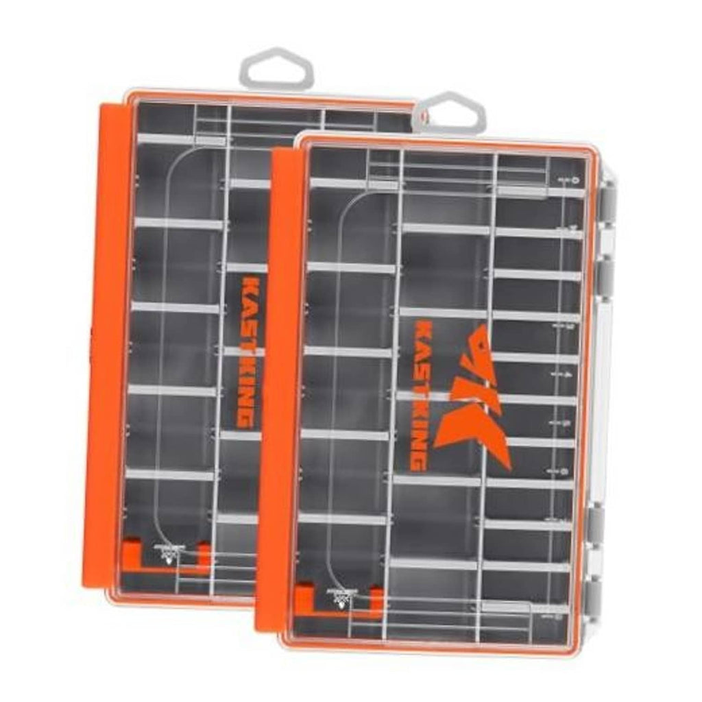 Orange waterproof tackle box set: two open clear-lid organizers with gray compartments