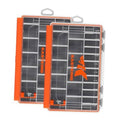 Orange waterproof tackle box set: two open clear-lid organizers with gray compartments