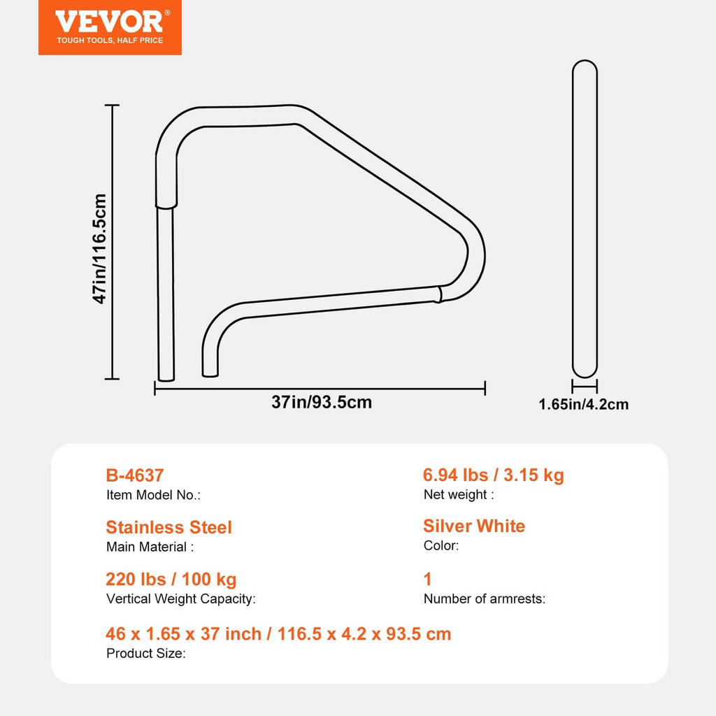 Pool ladder handrail dimensions diagram with height, width, and size measurements