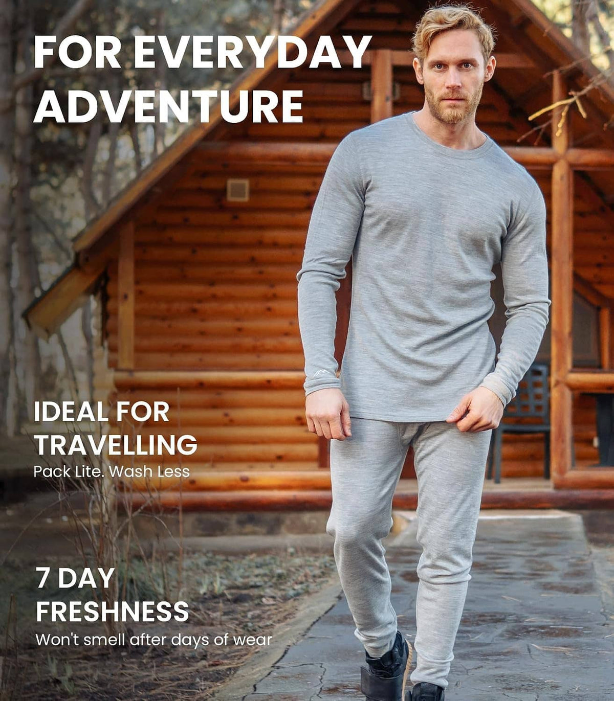 Men's light gray long-sleeve thermal base layer top and matching long johns, full body