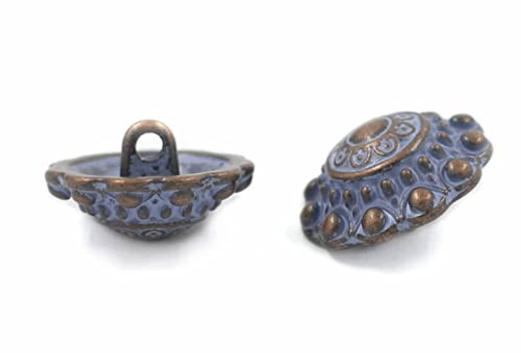 Blue ceramic-look metal shank button set with looped top and bronze-tone stud border