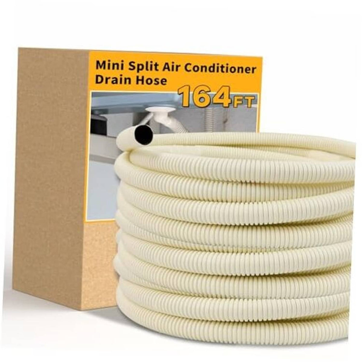 Mini split AC drain hose coil with black connector end, 164 ft length package