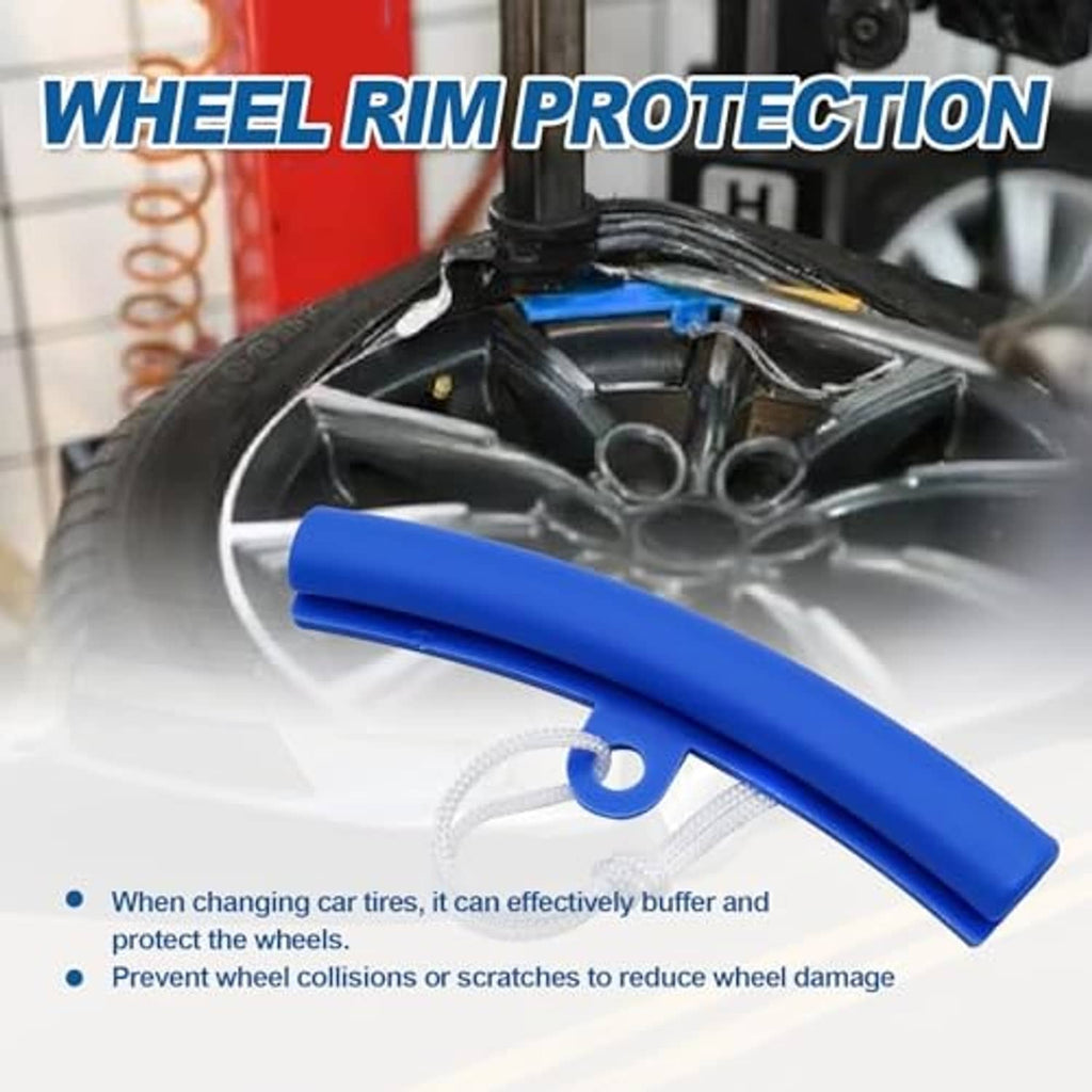Blue wheel rim protection guards installed on rim, with white cords attached
