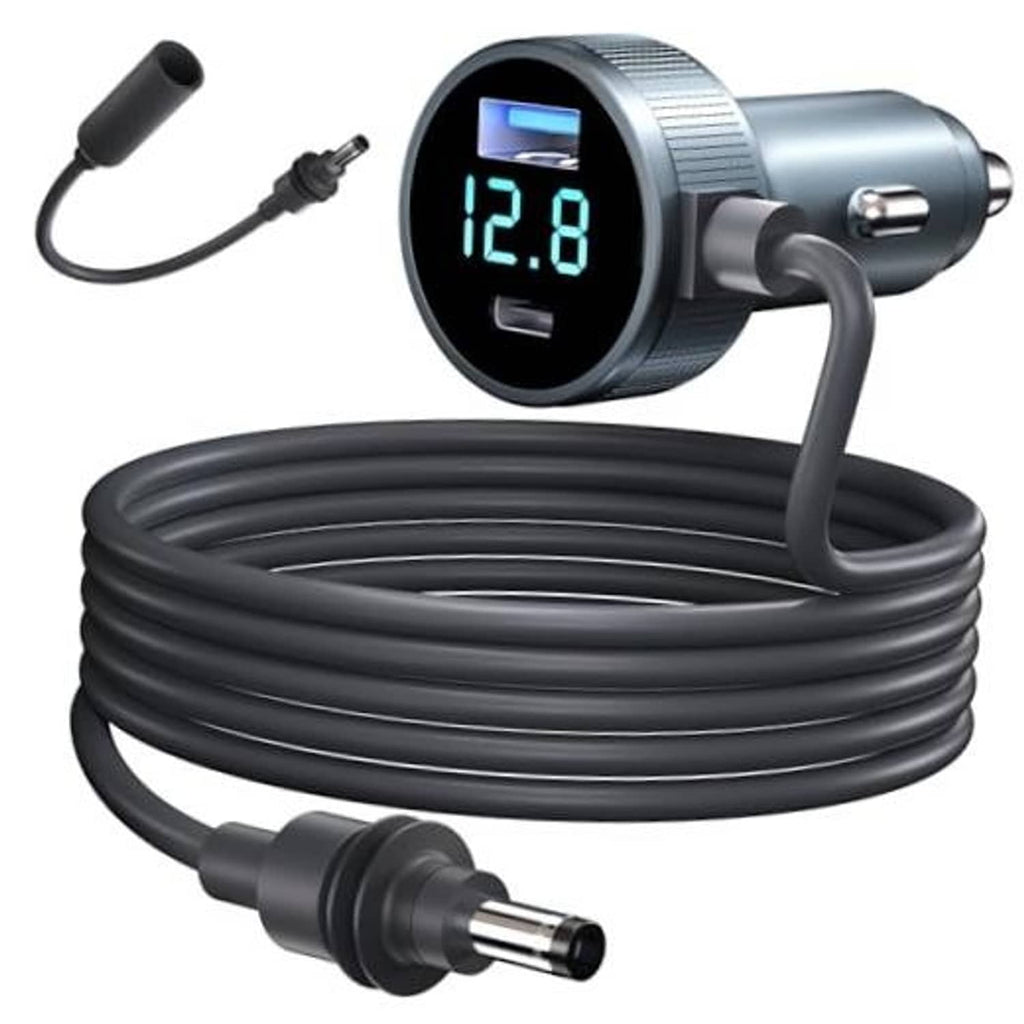 Car power adapter with coiled 10 ft cable, cigarette-lighter plug, and blue LED voltage display