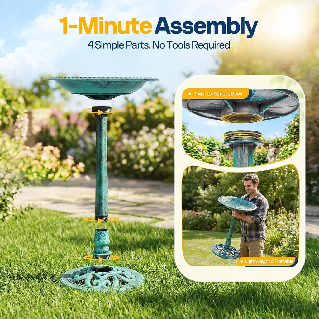 Turquoise bird bath pedestal stand with basin, shown assembled on outdoor grass