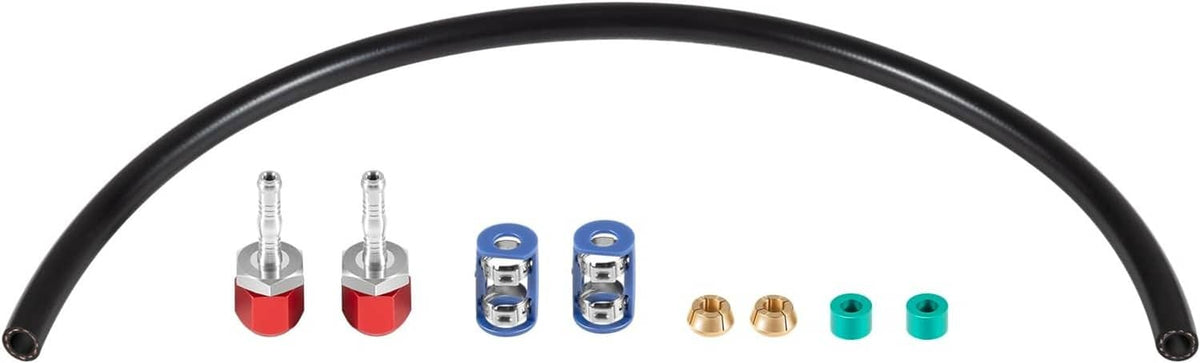 A/C line splice kit with black curved hose, blue clips, red ends, and brass fittings
