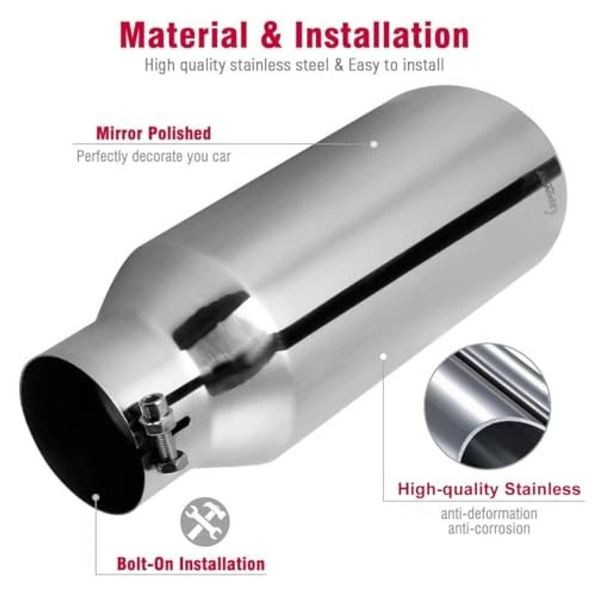 Stainless steel exhaust tip with mirror-polished finish and bolt-on clamp
