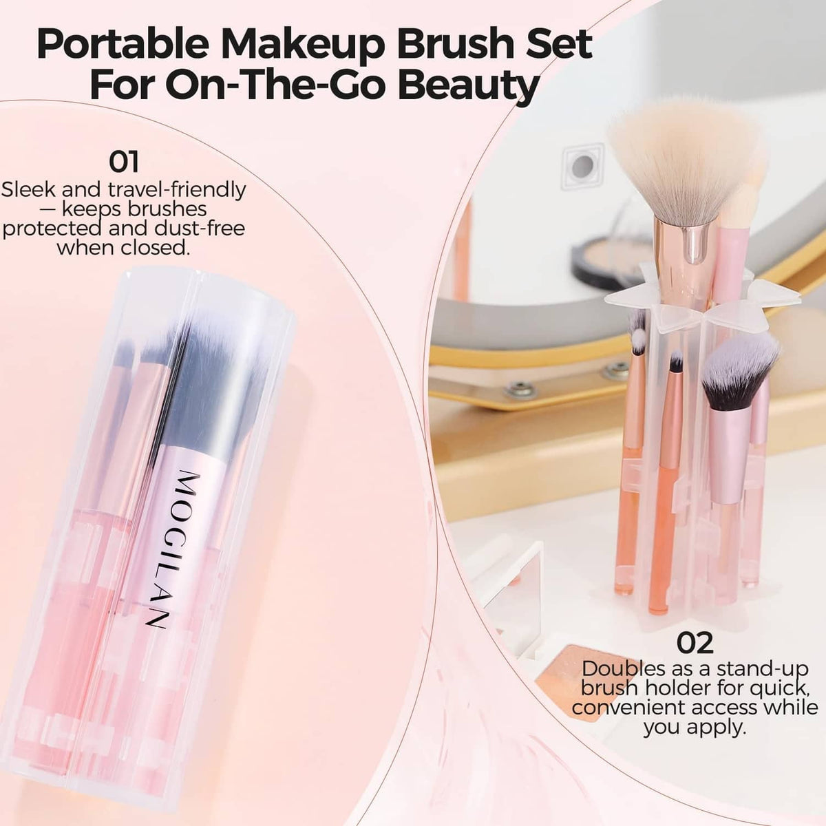 Portable travel makeup brush set with clear pink holder and assorted mini brushes