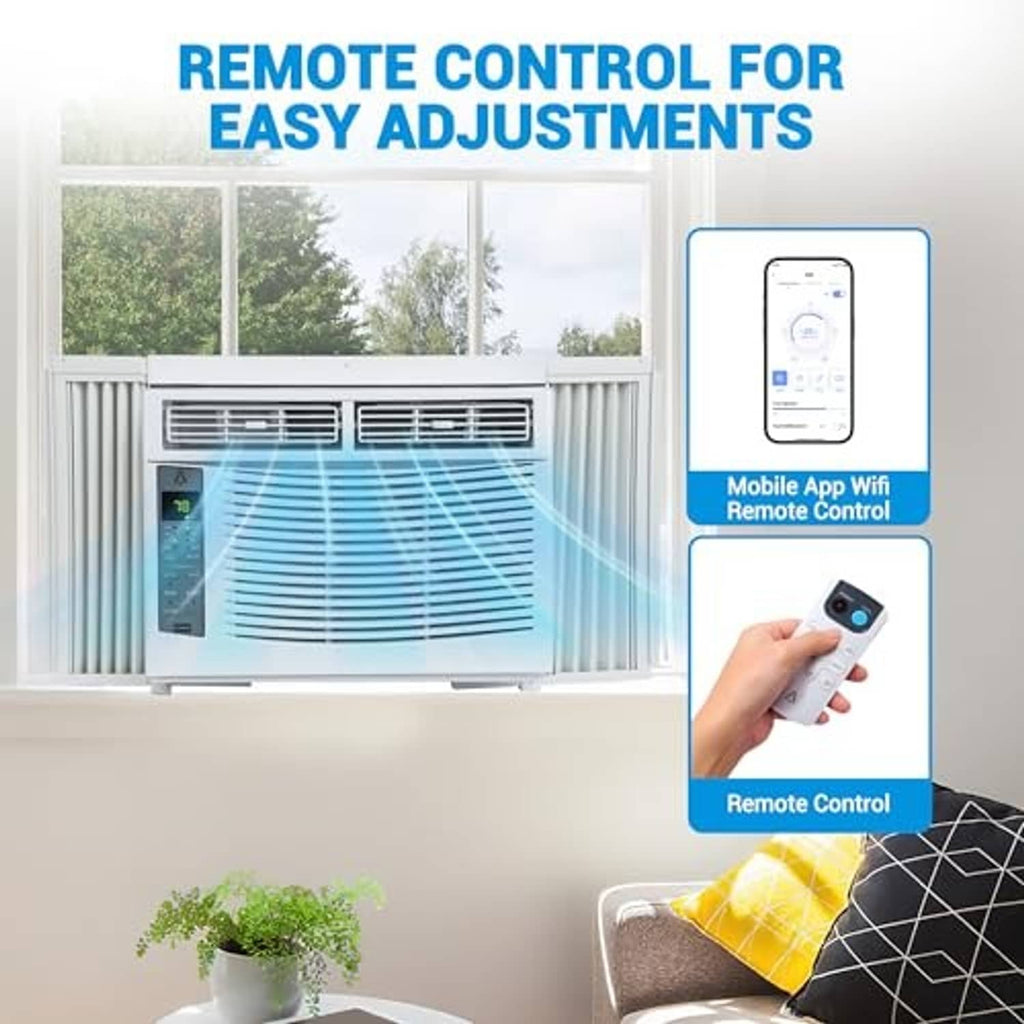 Window air conditioner installed in window with handheld remote control.