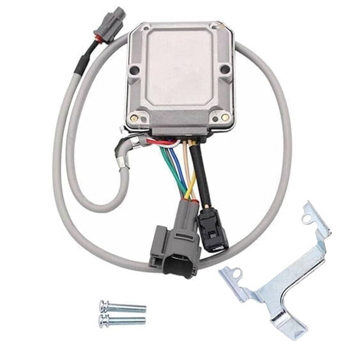 Ignition module assembly with gray wiring harness, black connectors, and metal bracket