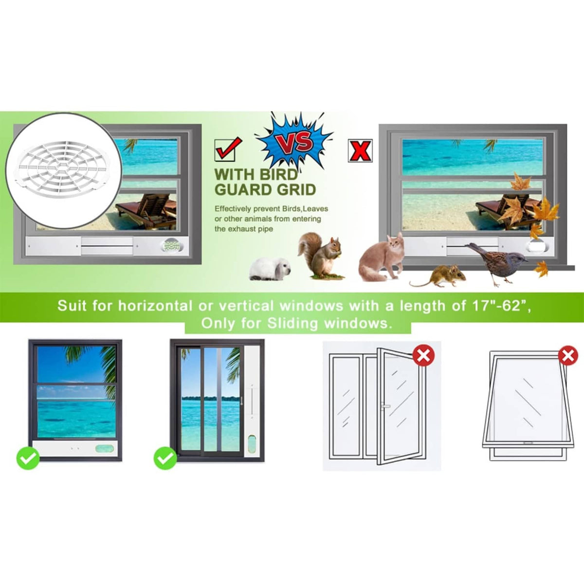 Window seal kit suited for horizontal and vertical sliding windows, with vent hose opening