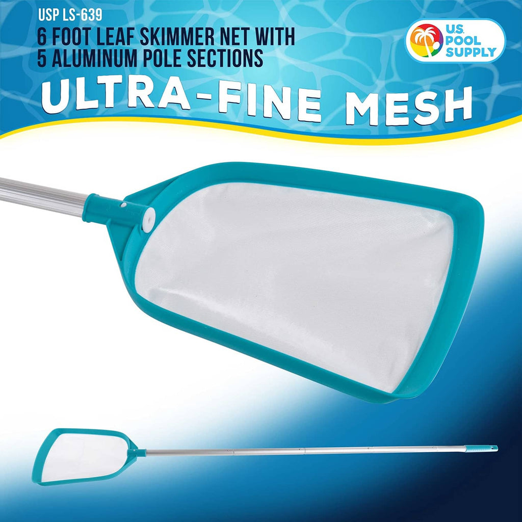 Leaf skimmer net with ultra-fine white mesh and teal frame on aluminum pole