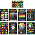 9-piece laminated color theory poster set with colorful charts on black backgrounds