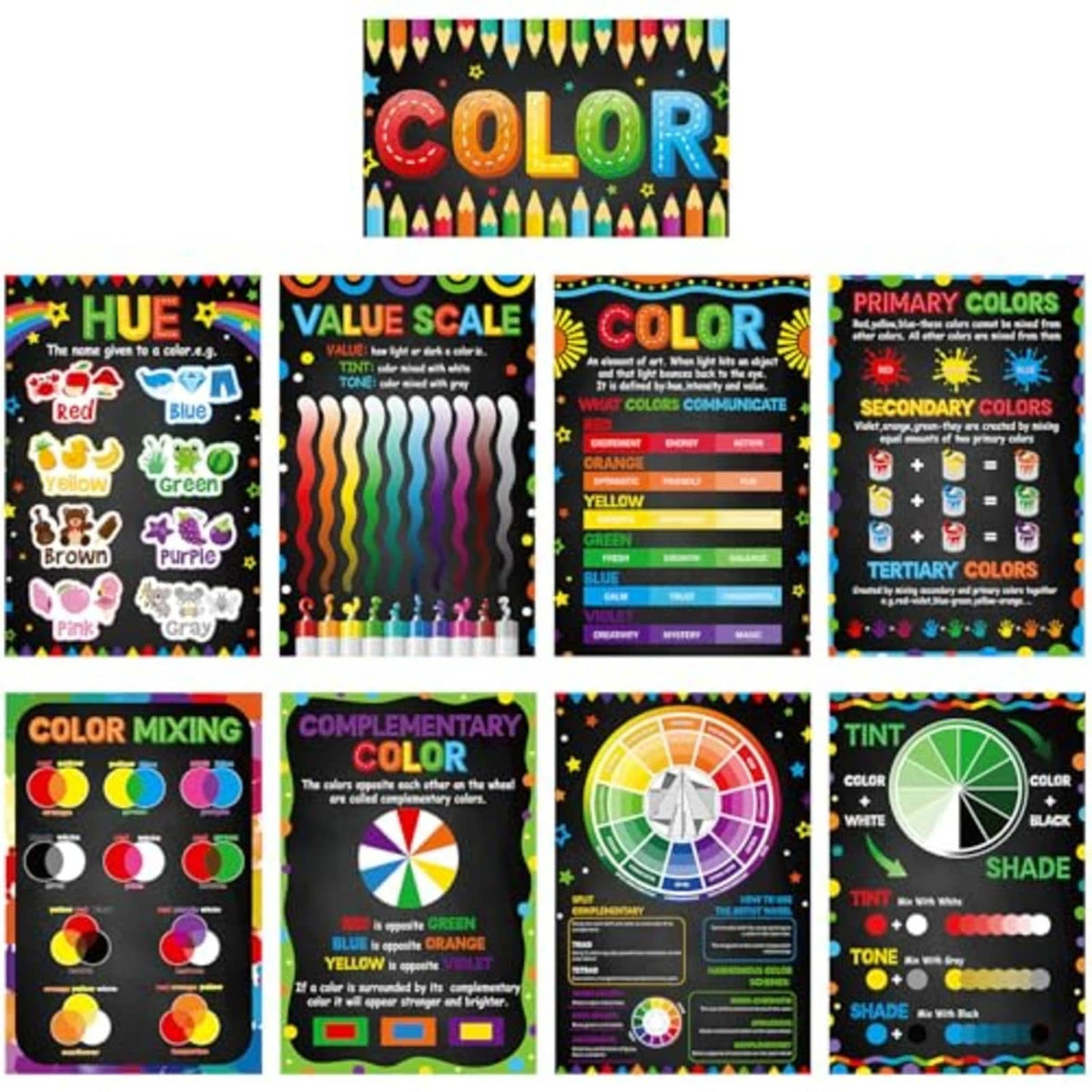 9-piece laminated color theory poster set with colorful charts on black backgrounds