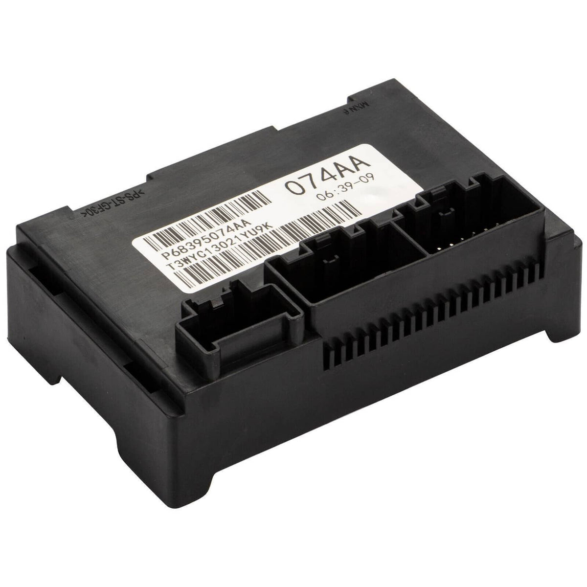 Black transfer case control module with wiring connectors and barcode label