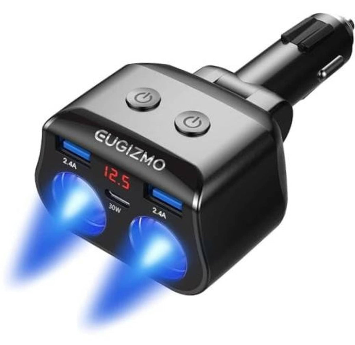 Car cigarette lighter splitter car charger adapter, black and silver with blue LED glow and 12.5 display