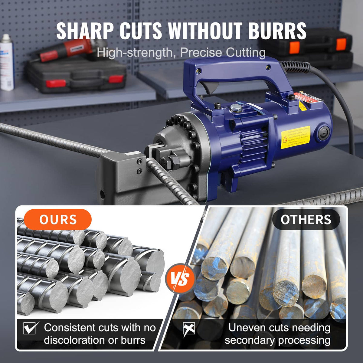 Blue electric rebar cutter with gray jaw blade blocks gripping two rebar rods