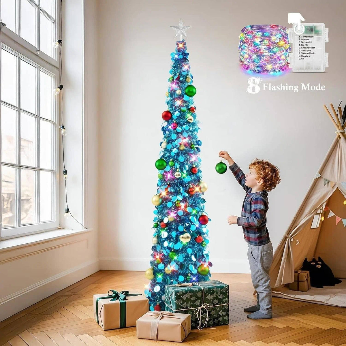 6ft blue LED pop-up Christmas tree with star topper and multicolor ornaments