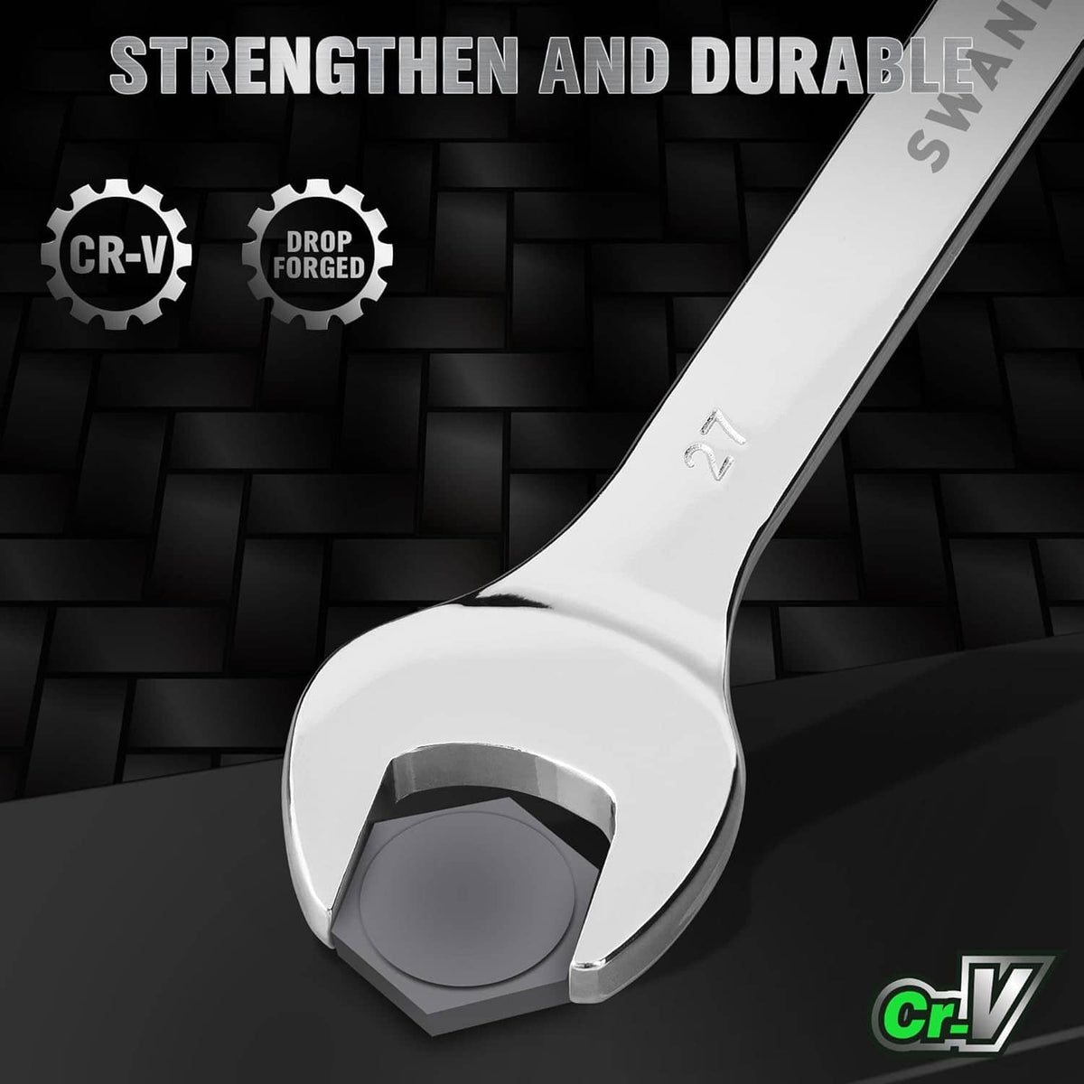 Chrome combination wrench with hex jaw, CR-V steel and drop-forged design