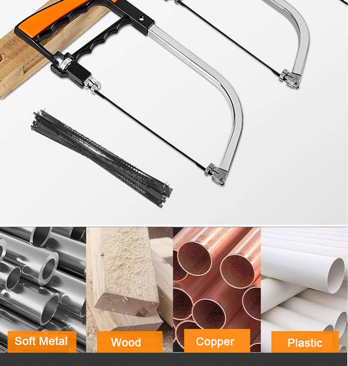 5-inch scroll saw blade set with pin-end blades and metal blade frame on tool