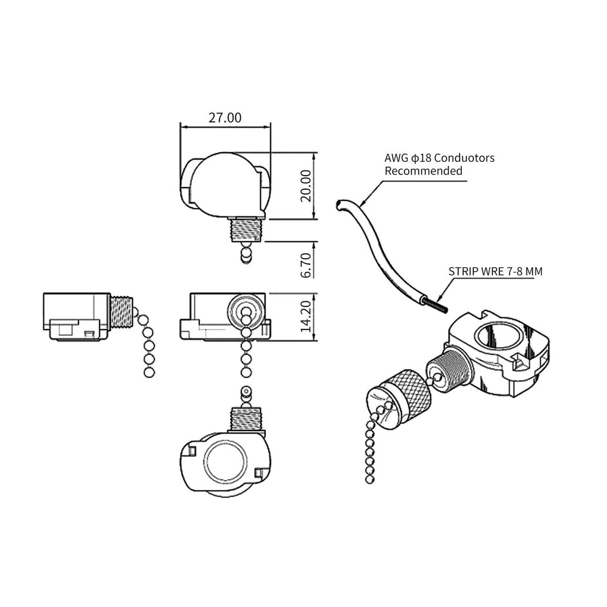 Ceiling pull chain light switch dimension diagram with terminal and wire-strip guidance