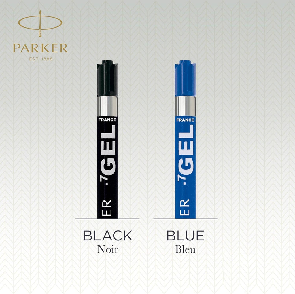 Parker gel refill pens, black and blue ink options shown with blue and black caps