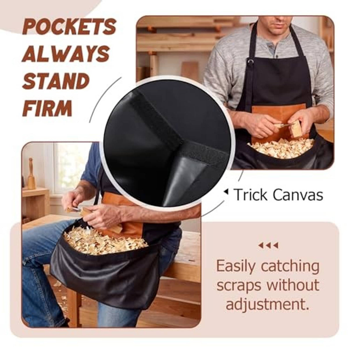 Woodworking carving apron with orange front panel and black chip-catching trough