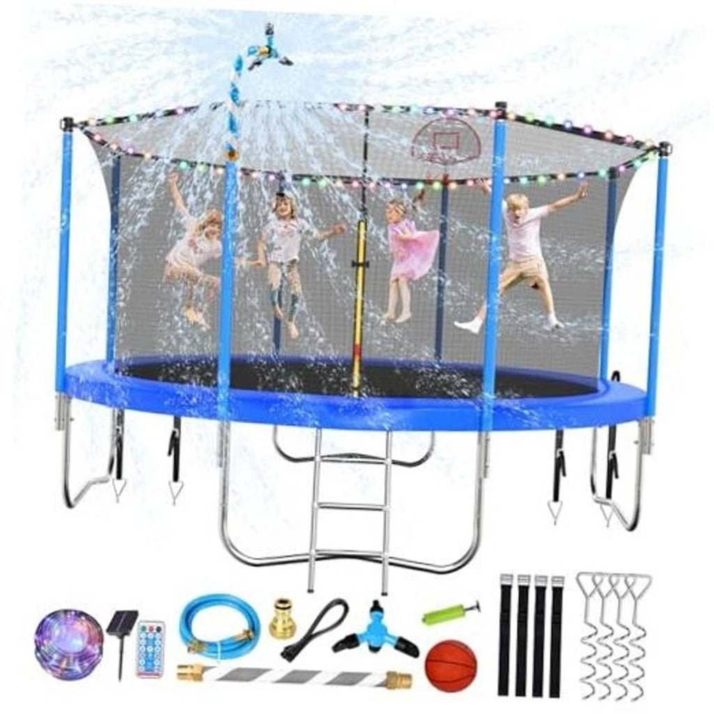 12ft outdoor trampoline with cobalt blue frame, safety net, and attached string lights