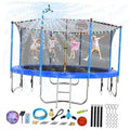 12ft outdoor trampoline with cobalt blue frame, safety net, and attached string lights