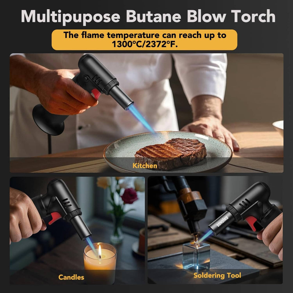 Multipurpose butane blow torch producing blue flame over food and candles