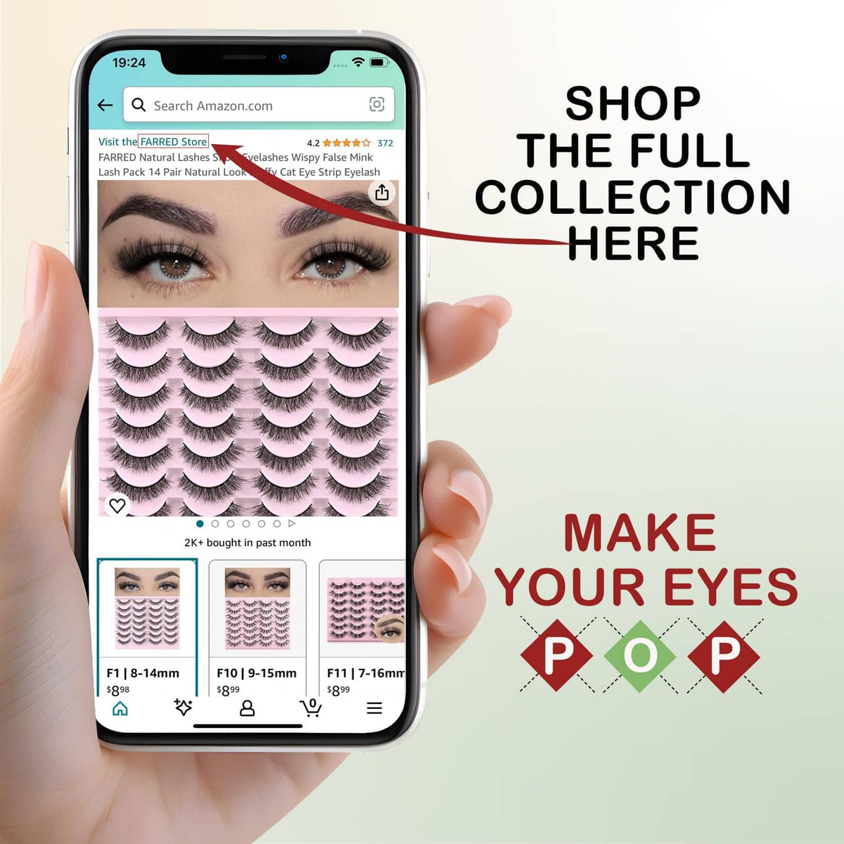 Phone display in hand showing a selection of natural wispy false mink lashes