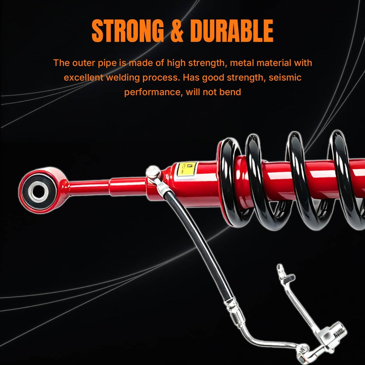 Front shock strut with red body, black coil spring, and curved stabilizer rods