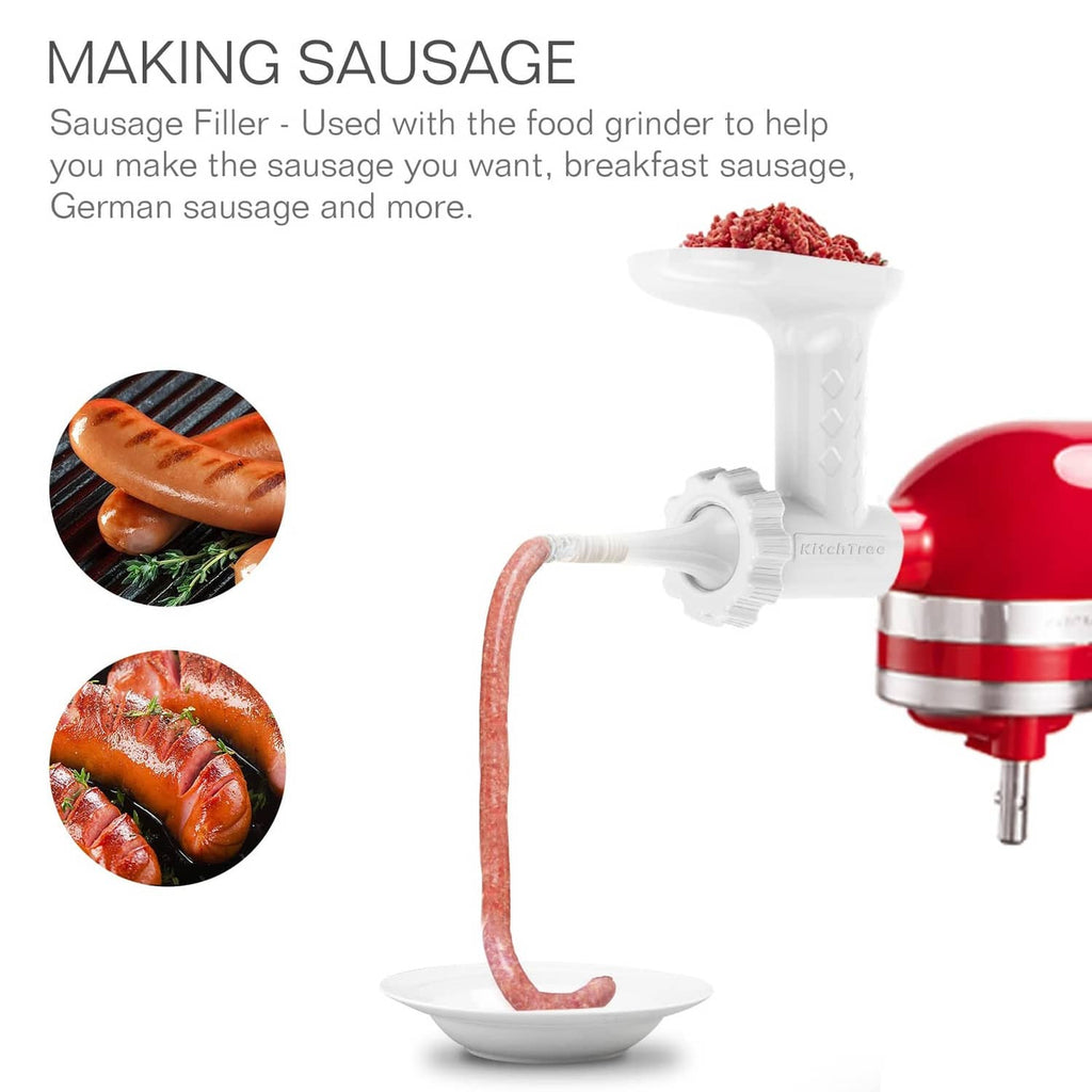 White strainer attachment with sausage-style filling tube and funnel plate.
