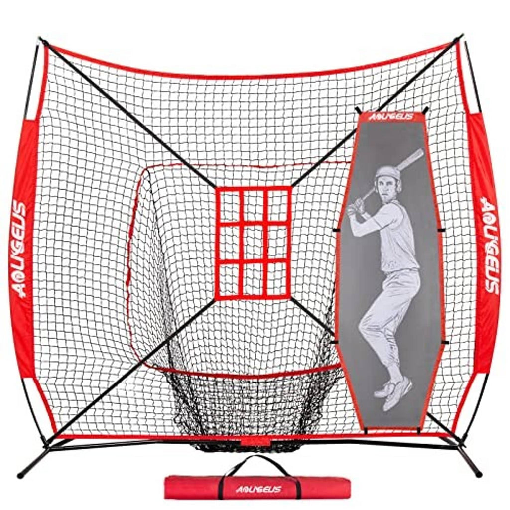 Baseball practice net front view with red netting, strike-zone grid and batter dummy panel