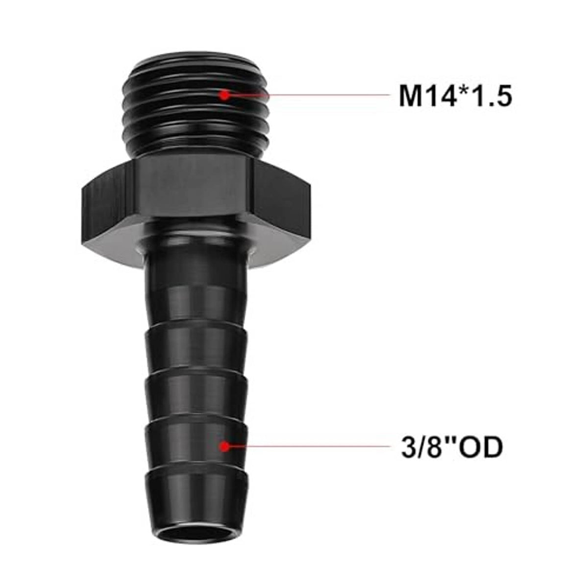Black hose barb adapter with M14×1.5 male thread and 3/8" OD barb