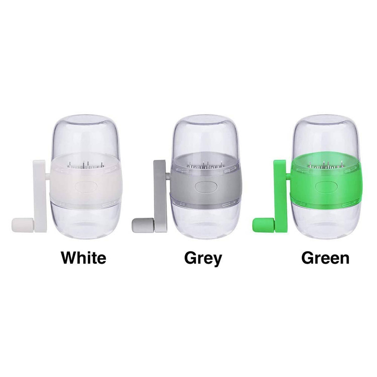 Nut chopper color options: white, grey, and green with white crank handle
