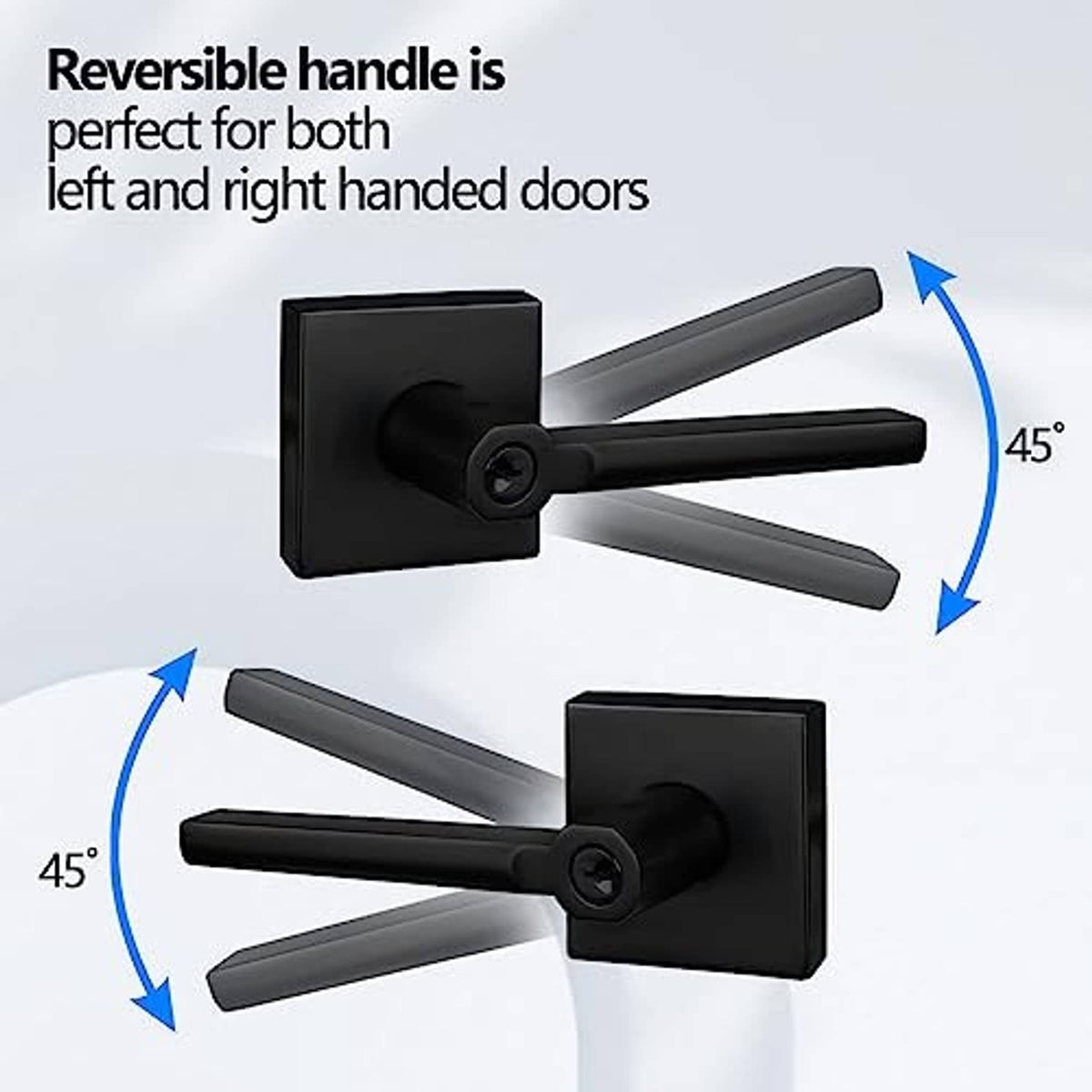 Reversible matte black lever handle door lock showing about 45° rotation
