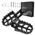 Pair of wide black CNC machined aluminum dirt bike foot pegs with anti-slip studs