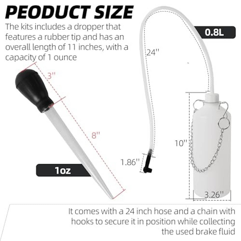 Brake bleeder bottle kit with white canister, clear  hose, black connector, and long tube
