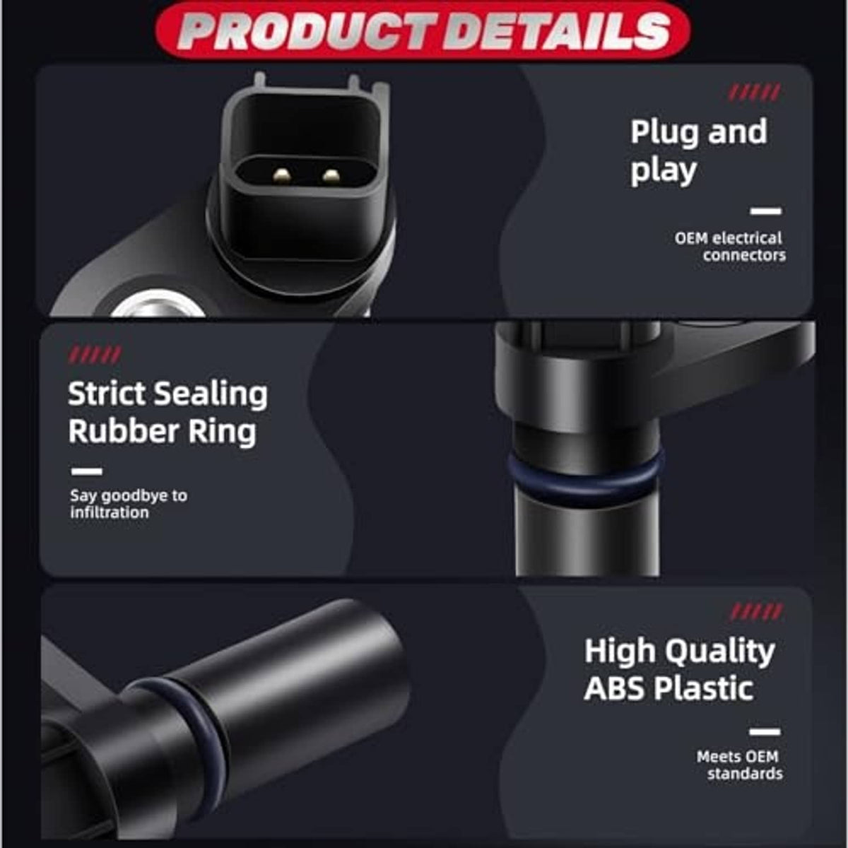 Engine camshaft position sensor features: plug-and-play, rubber seal ring, ABS plastic
