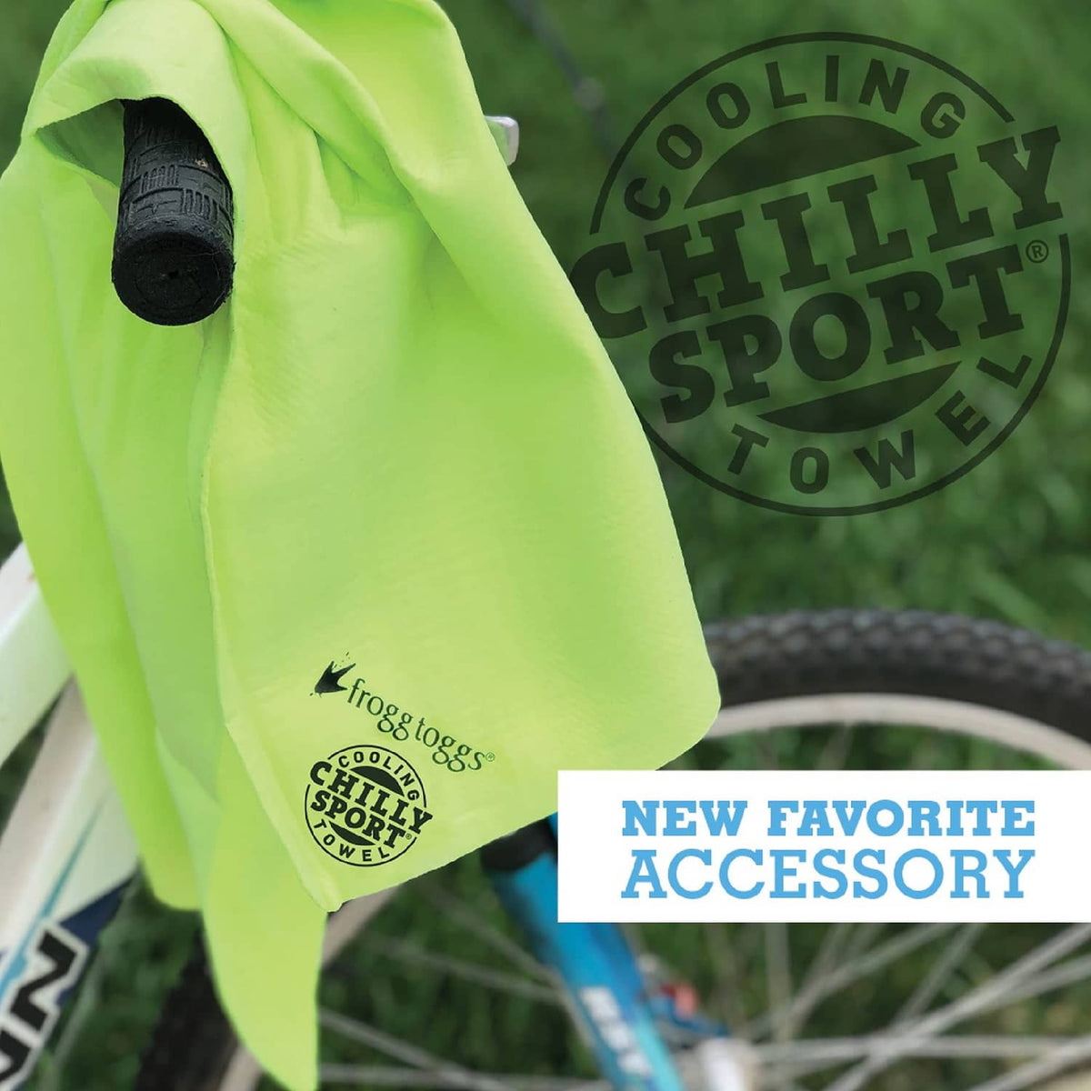 Neon green cooling towel with rolled end and printed Chilly Pad logo