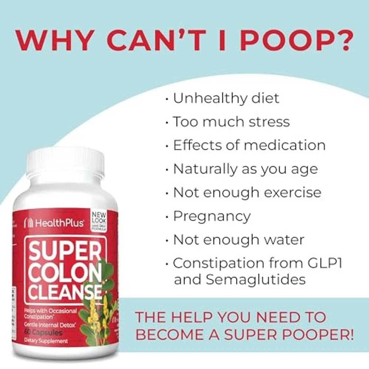 Super Colon Cleanse dietary supplement bottle with red label and HealthPlus logo